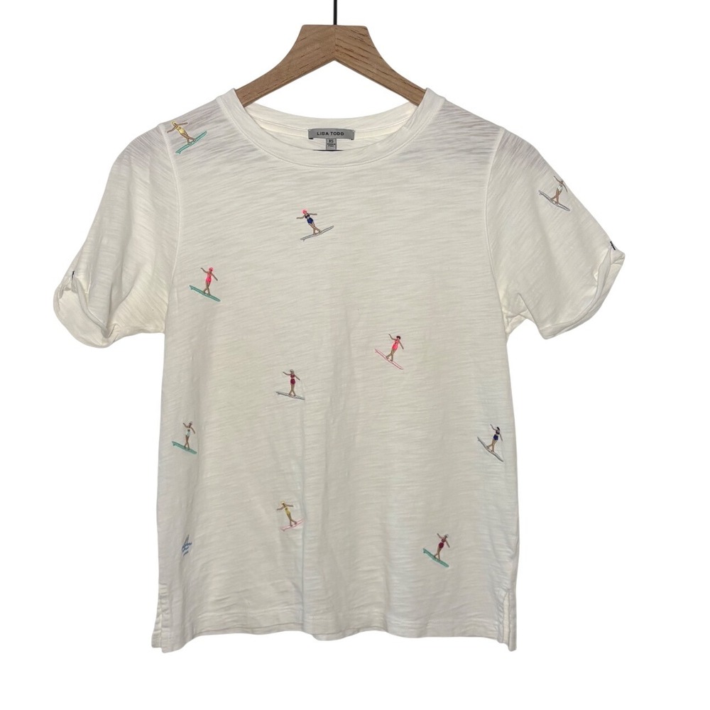 Lisa Todd T-Shirt White Surfer Girl Embroidered Cotton Slub XS